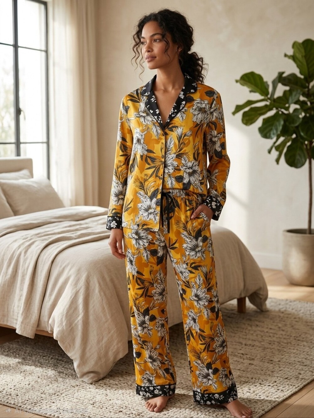 Room Service Floral Pajama Set Large Yellow Black Sleepwear Loungewear L
